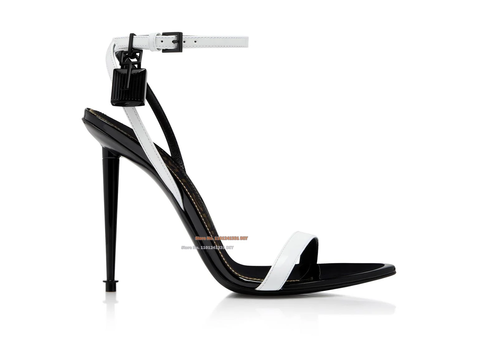 

Black White Match Color Patent Leather Padlock Pointy Naked Sandal Women Stiletto High Heel Fashion Summer Dress Shoes