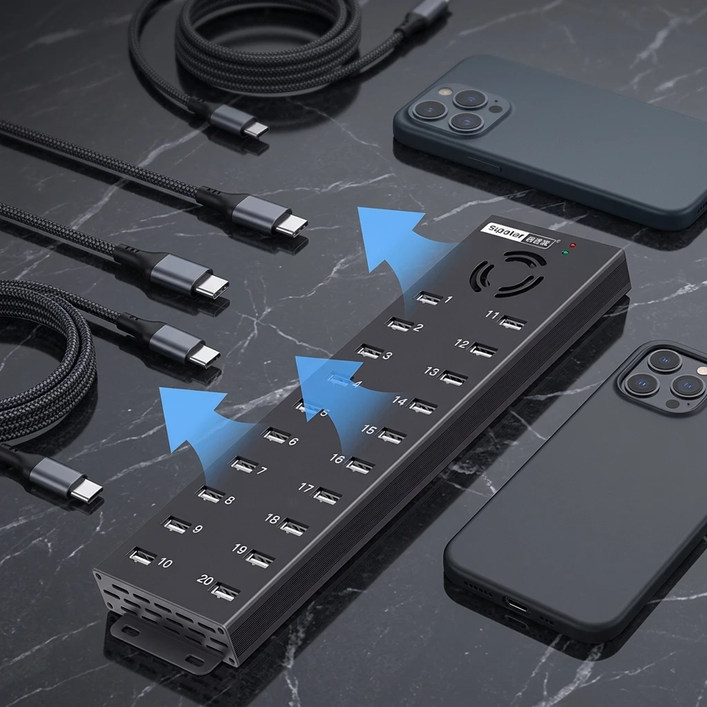Фото 120W 20-портовый USB-хаб промышленного класса A-805P, зарядная станция для нескольких устройств (телефонов) с адаптером питания 12V 10A для настольного использования №1