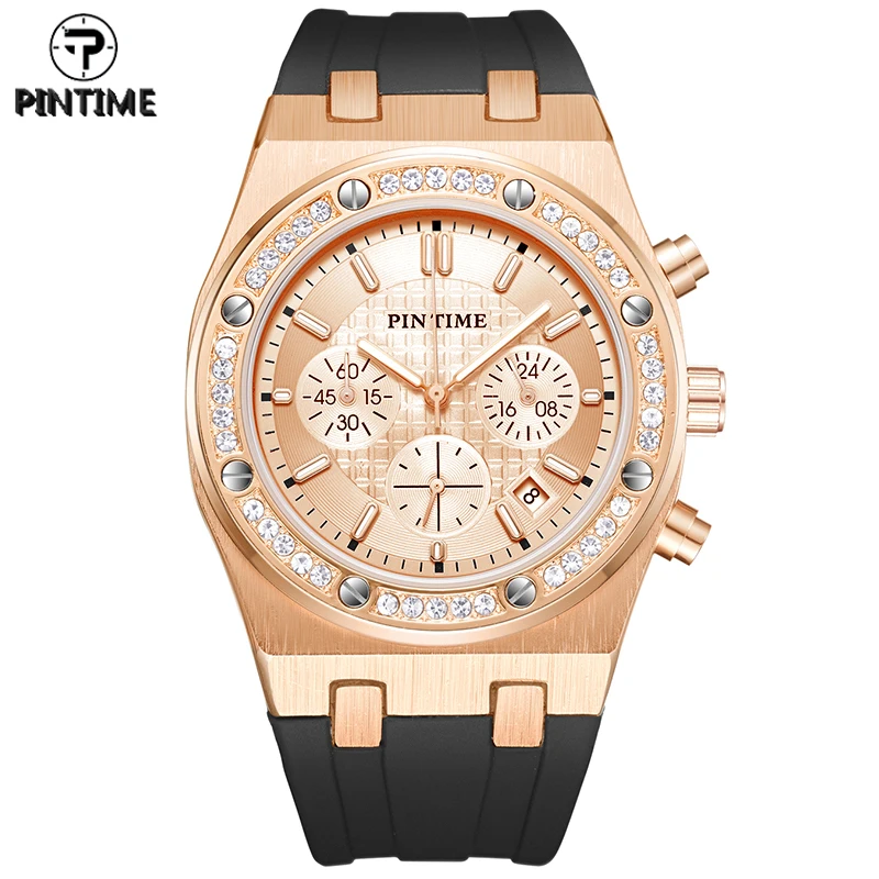 

PINTIME Rose Gold Men Watch All Dial Work Chronograph Stopwatch Rubber Strap Diamond Stone Iced Bezel Male Quartz Wristwatch