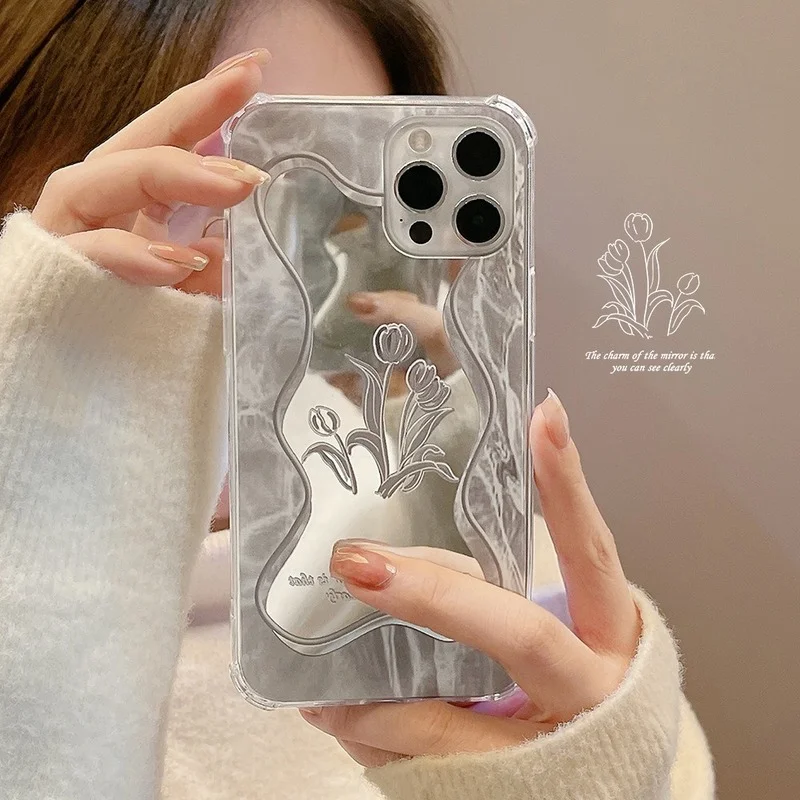 

For IPhone 14 13 11 12 Pro X XR XS Max Korea Cute Waves Mirror Flower Phone Case For IPhone 7 8 Plus Clear Shockproof Soft Cover