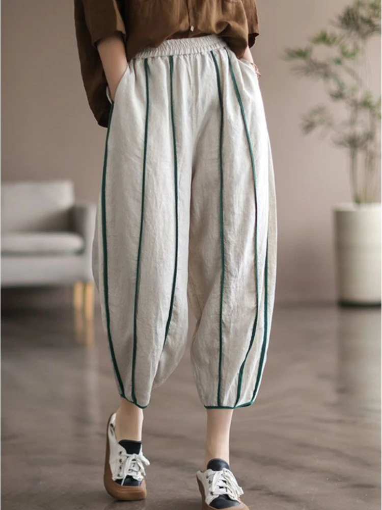 

Модная винтажная одежда в Корейском стиле, весенне-Летние черные брюки, женские повседневные свободные шаровары до щиколотки в полоску с эластичным поясом