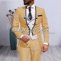 3 piece suit for men slim fit v neck double breasted jacket vest pants business formal wedding groom party tuxedo blazer set
