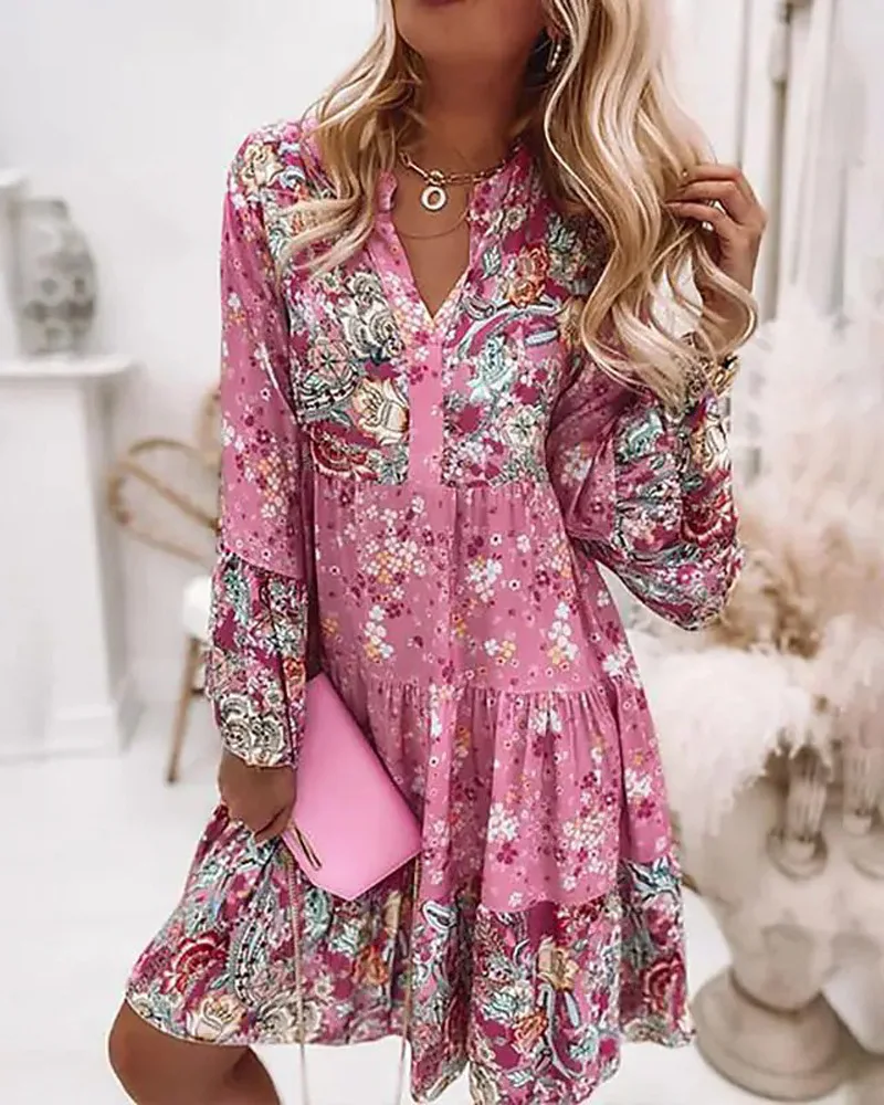 

Ditsy Floral Paisley Print Bell Sleeve Casual Dress Women Spring Summer V Neck Fashion Sexy Mini Dress