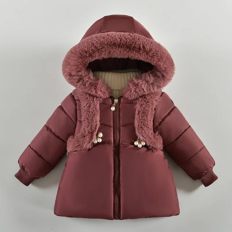 

Пальто для девочек, хлопковая ветровка, верхняя одежда, 2023 жемчужная теплая плотная бархатная зимняя одежда для лыж, удобная школьная детская одежда