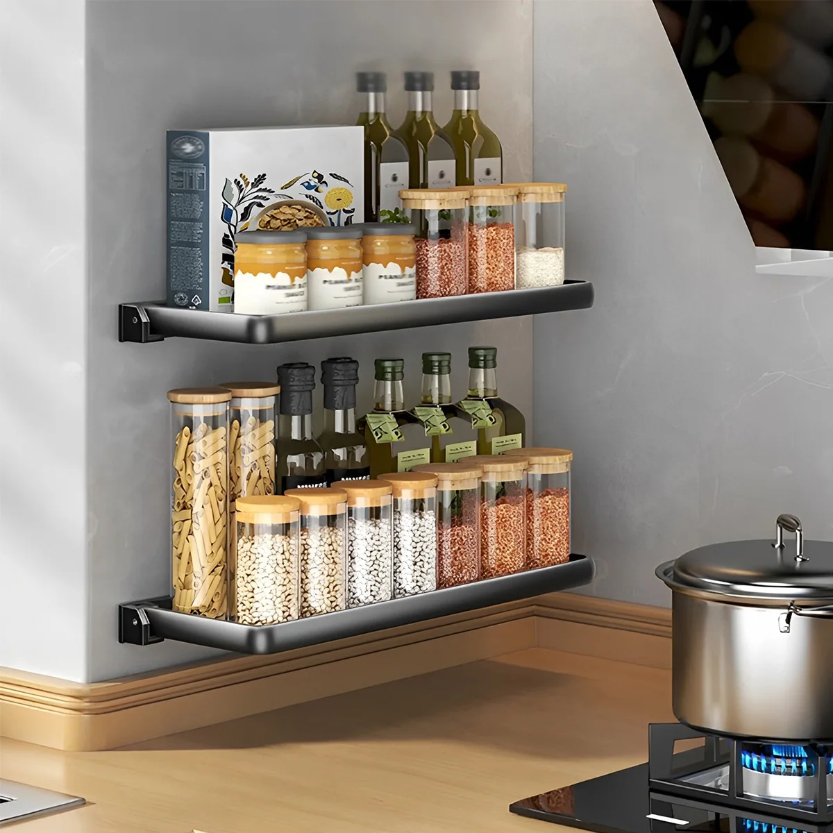 

Seasoning Storage Rack Wall-Mounted Punch-Free Spice Holder Organizer Foldable Kitchen Shelves for Cabinet Kitchen Storage