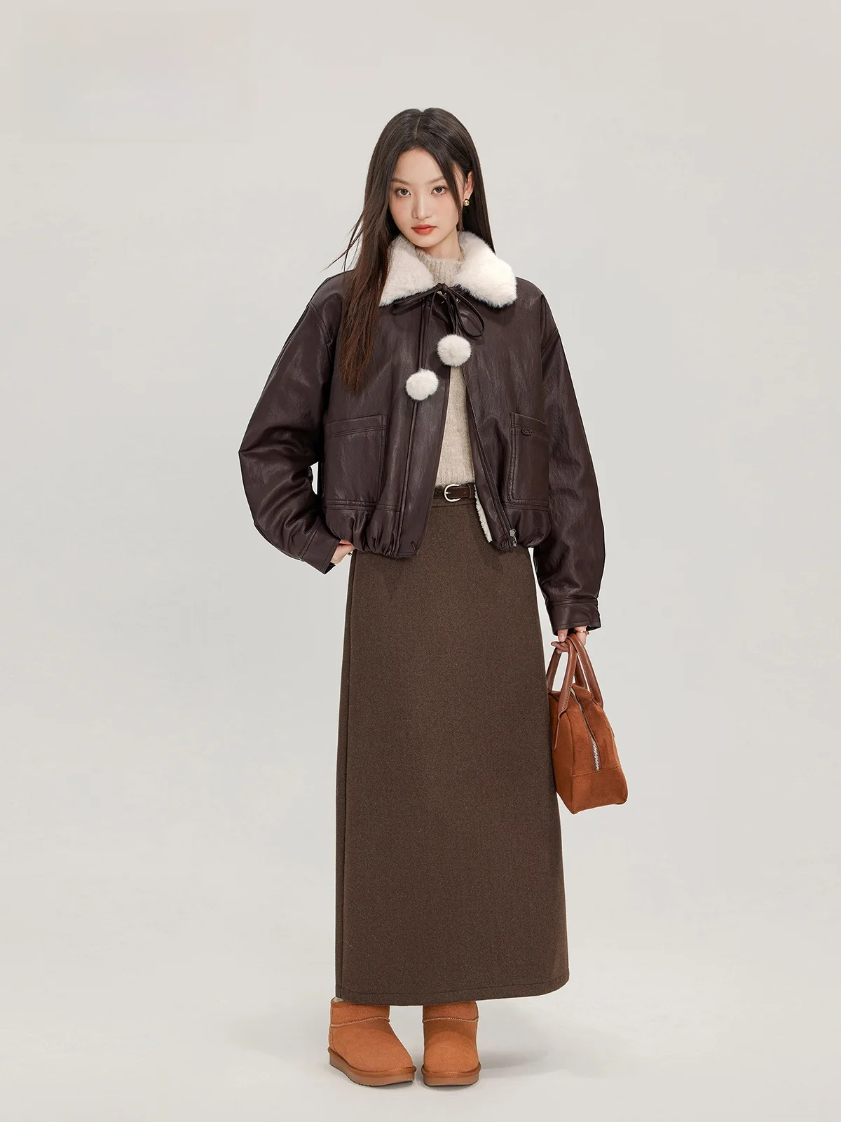 Zhang Doudou Maillard кофейного цвета кожаное пальто верхняя одежда женская осенне-зимняя