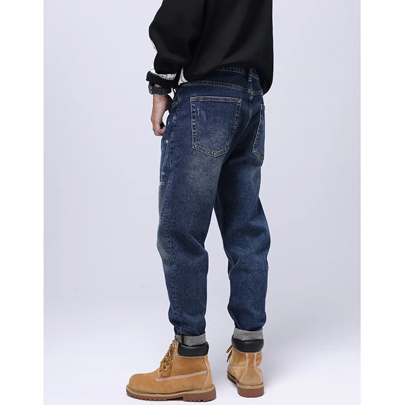 Men Clothing Autumn and Winter Straight Loose Cylinder Jeans Vintage Chaopai Elastic Force Comfortable Blue Harun Trousers Women