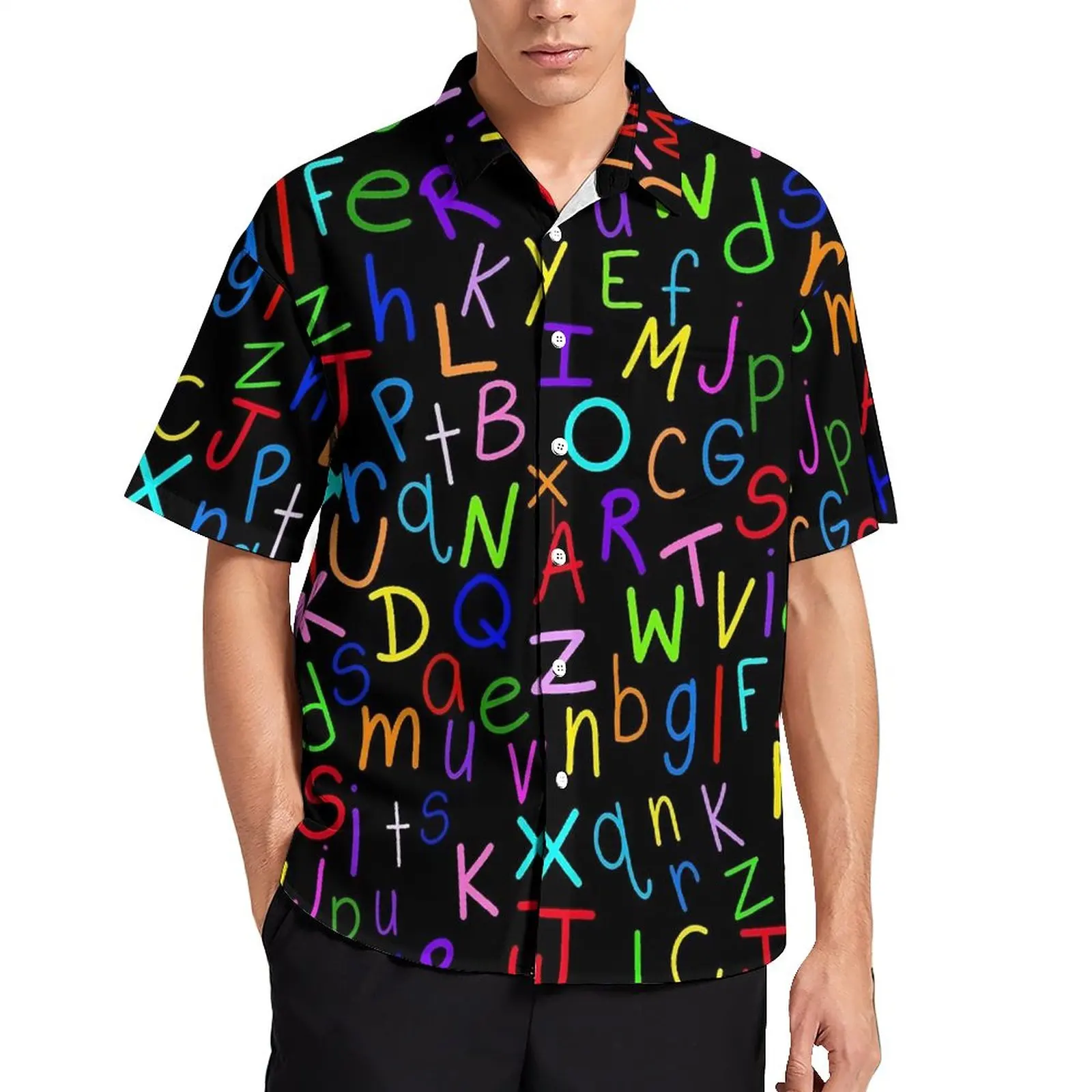 

Colorful Letter Print Loose Shirt Male Beach Alphabet Soup Casual Shirts Hawaii Design Short Sleeve Cool Oversize Blouses
