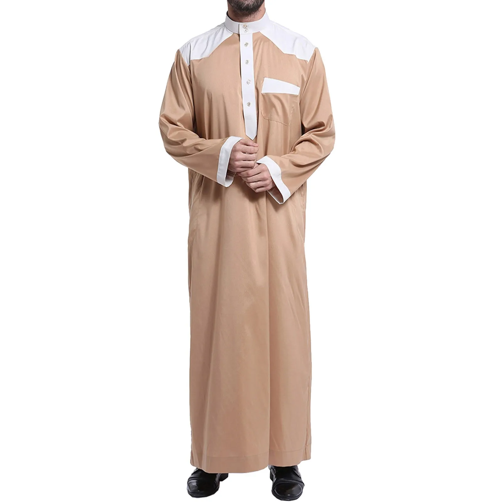 Men's Casual Muslim Arab Middle Patchwork Collar Long Sleeved Robe All- Button Shirts