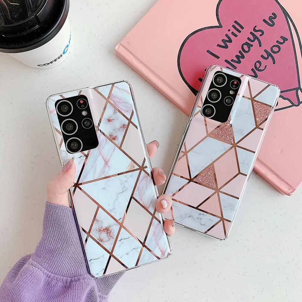 

Geometric Plating Splice Marble Cover for Galaxy S22 Ultra S21 S20FE S10 S9 S8 Plus S7Edge Phone Case Slim Fit Soft Silicone