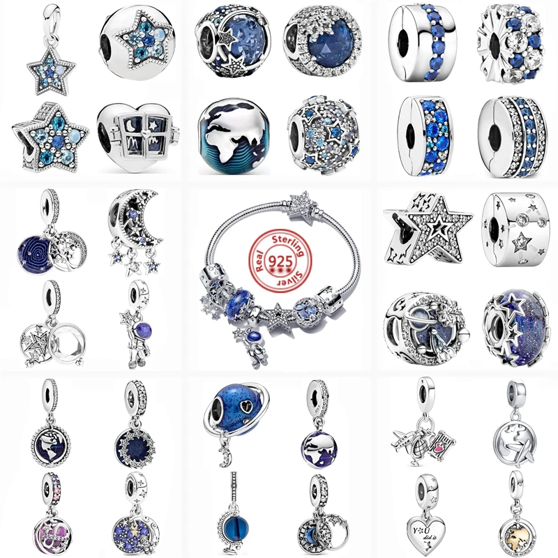 

925 Silver Blue Planet Star Moon Earth Infinite Eternal Clip Beads Space Travel Charms Fit Original Pandora Bracelet DIY Jewelry