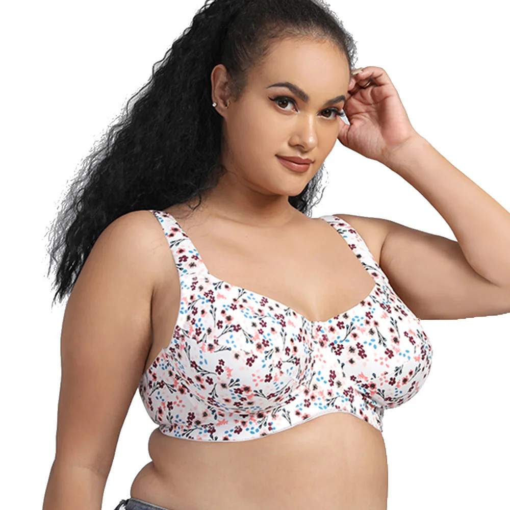 Plus Size Bra Comfort Breathable Bras Women's Underwired Adjustable Flower PrintingTop Full Cup Bra For Women B C D DD E F G