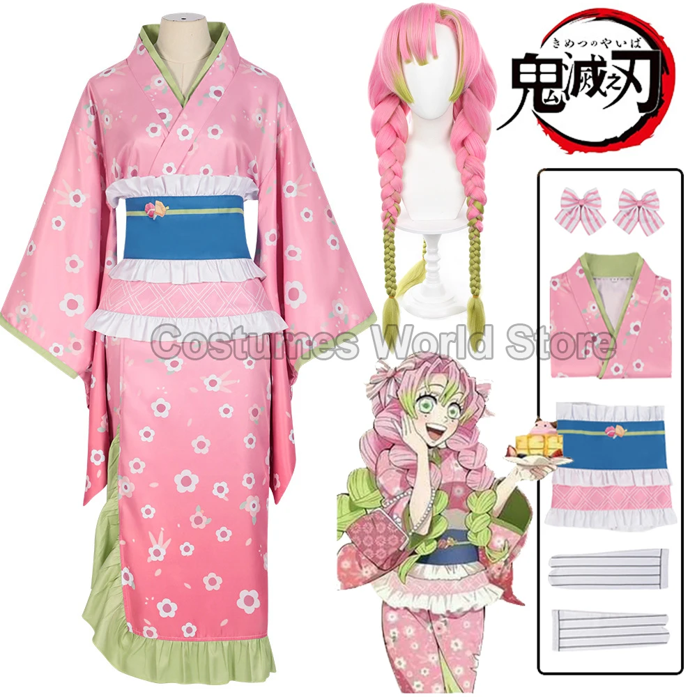 

Anime Demon Slayer Kanroji Mitsuri Love Hashira Cosplay Costume Wig Pink Kimono Kimetsu No Yaiba Swordsmith Village Arc Women