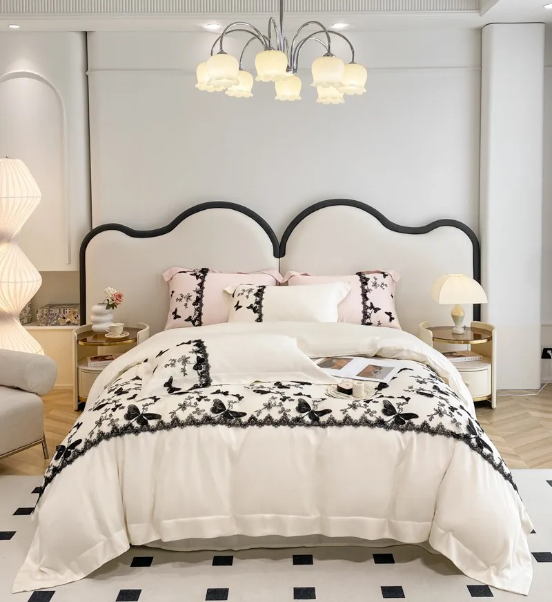 

Премиум эвкалипта лиоцелл шелковистые мягкие удобные постельные принадлежности черный 3D бабочка вышивка белый пододеяльник простыня наволочки