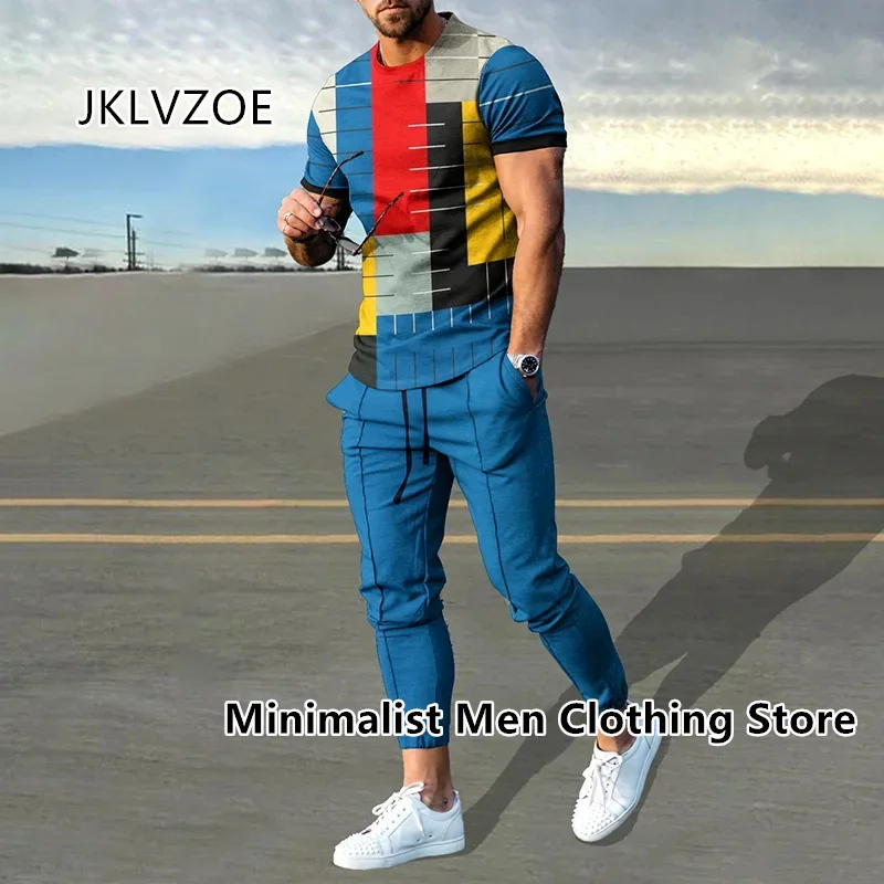 New Men's Tracksuit 2 Piece Set Letter 3D Printed Summer Sportswear Short Sleeve T Shirt+Long Pants Casual Oversized Clothes