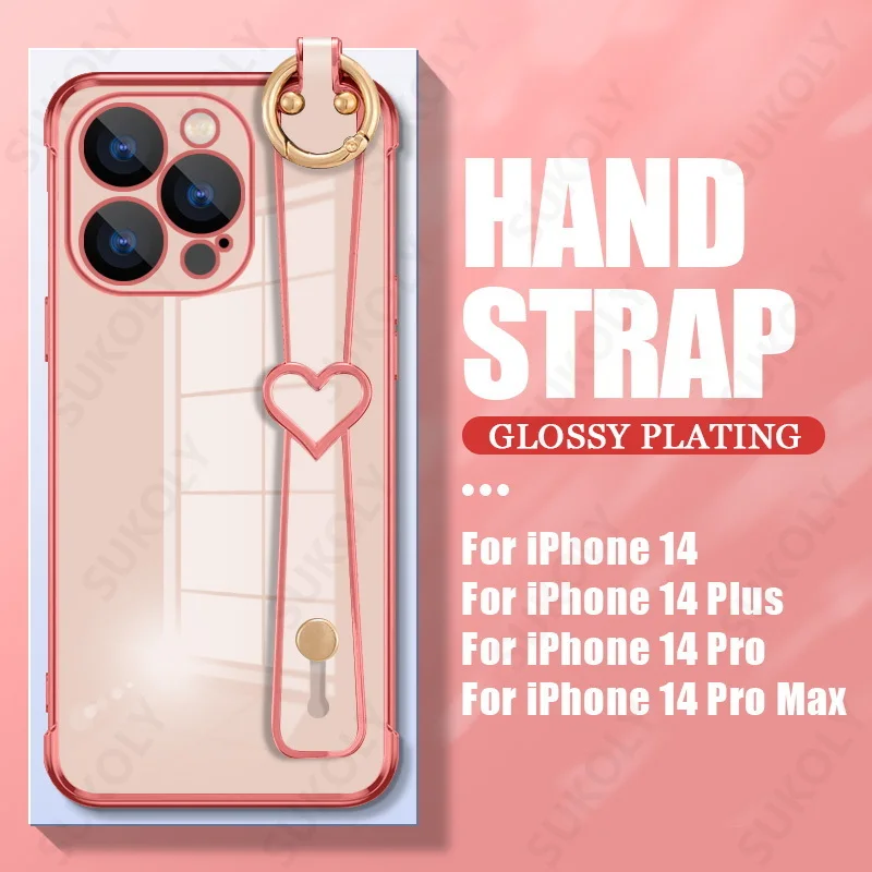 

For iPhone 14 Pro Max 13 Pro Max 12 11 14 Plus Shockproof Plating Heart Wristband Silicone Case Luxury Hand Strap TPU Back Cover