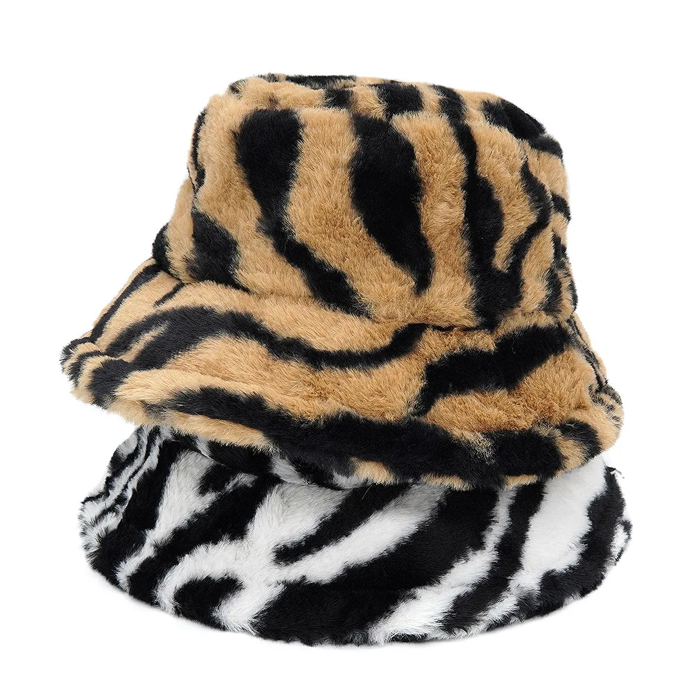 

2022 Zebra Print Women Hats Faux Fur Bucket Hats Outdoor Warm Thick Soft Foldable hat Lady Winter Panama Fisherman Caps