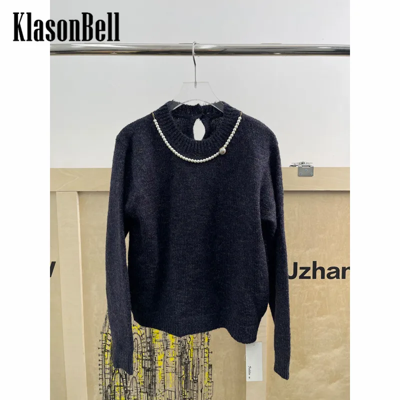 

10.20 KlasonBell Solid Vintage Pearl Chain Decoration O-Neck Short Knit Sweater Women