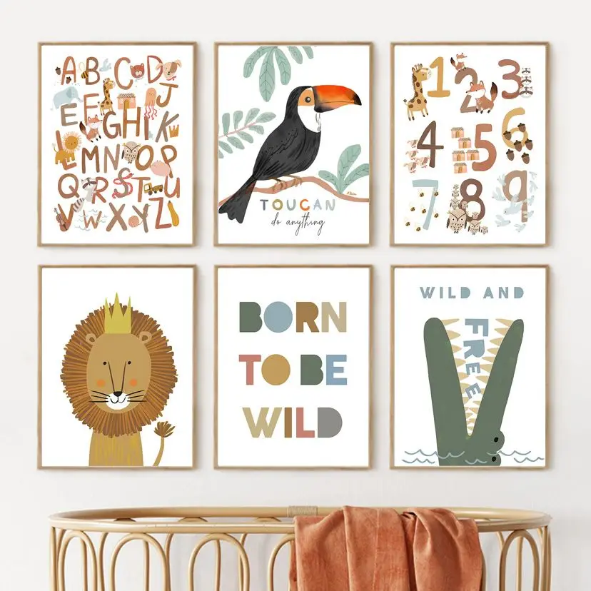 

Animal Alphabet Numbers Lion Crocodile Toucan Nursery Wall Art Print Canvas Painting Nordic Poster Wall Pictures Kids Room Decor