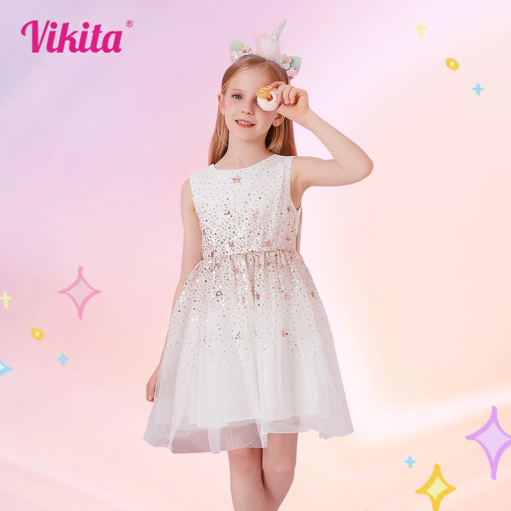 

VIKITA Girls Sleeveless Summer Dress Kids Star Sequined Party Shiny Dress Children Mesh Elegant Princess Casual Costumes 3-8Yrs