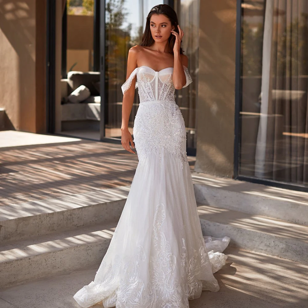 

Exquisite Wedding Dress Sweetheart Off The Shoulder Robe De Mariage 2022 Nouveauté Applique Court Train Lace Up Vestido De Noiva