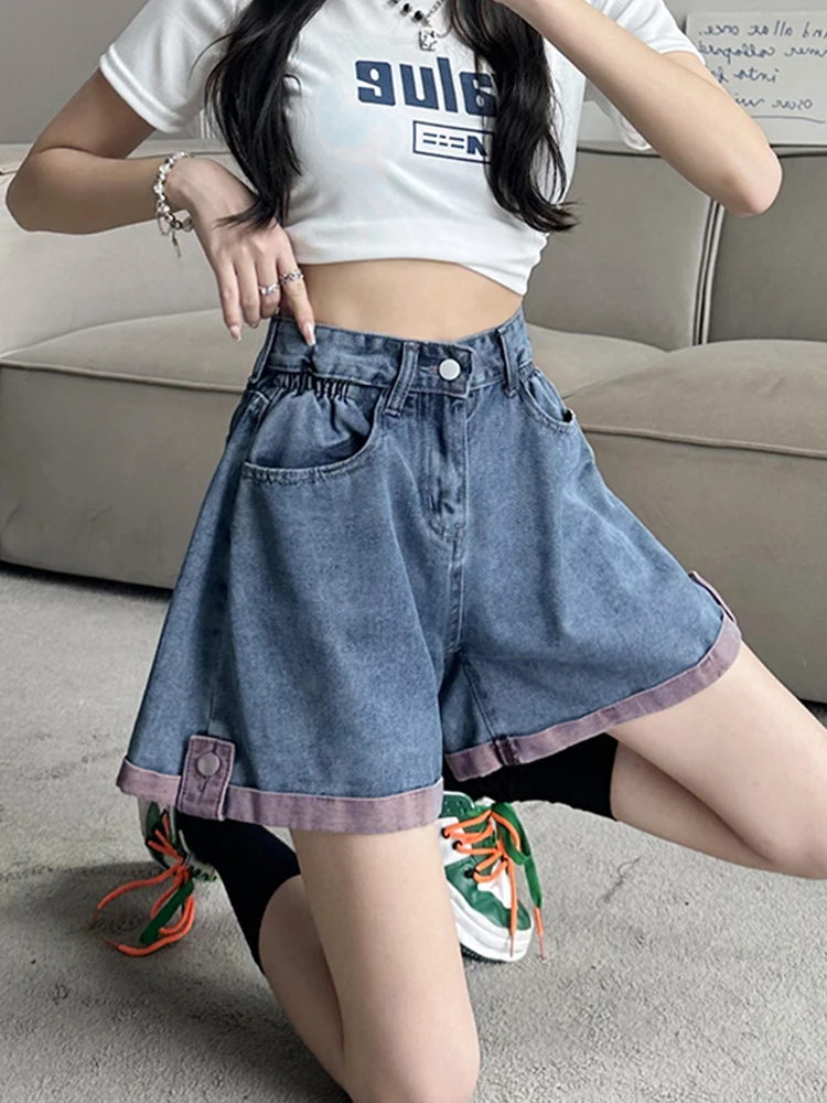 New Spring Summer Women Retro Elastic Waist Loose Denim Shorts Streetwear Female Wide Leg Jeans Shorts Bottoms