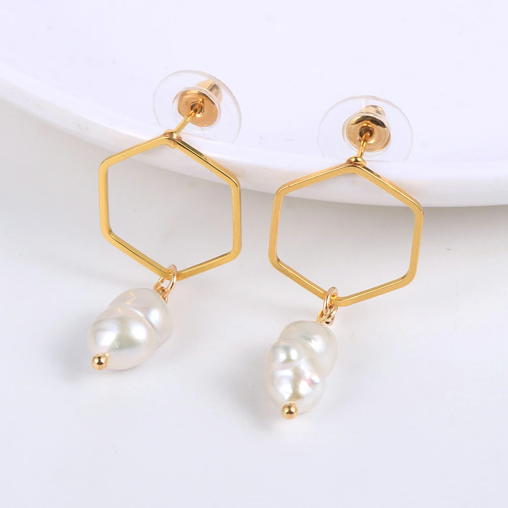 

New Natural Baroque Pearl Dangle Drop Korean Geometric Hexagonal Gold Earrings Fashion Jewelry For Women Wedding