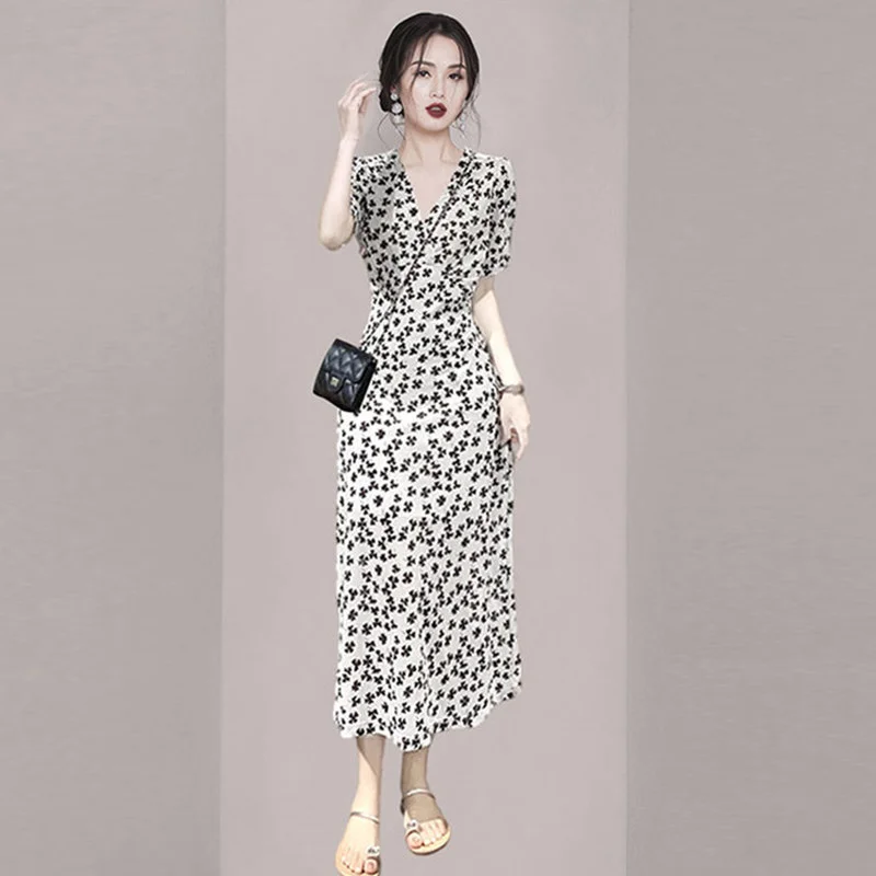 

Шифоновое женское пикантное платье с цветочным принтом, летнее богемное элегантное женское платье в Корейском стиле с высокой талией, V-обр...