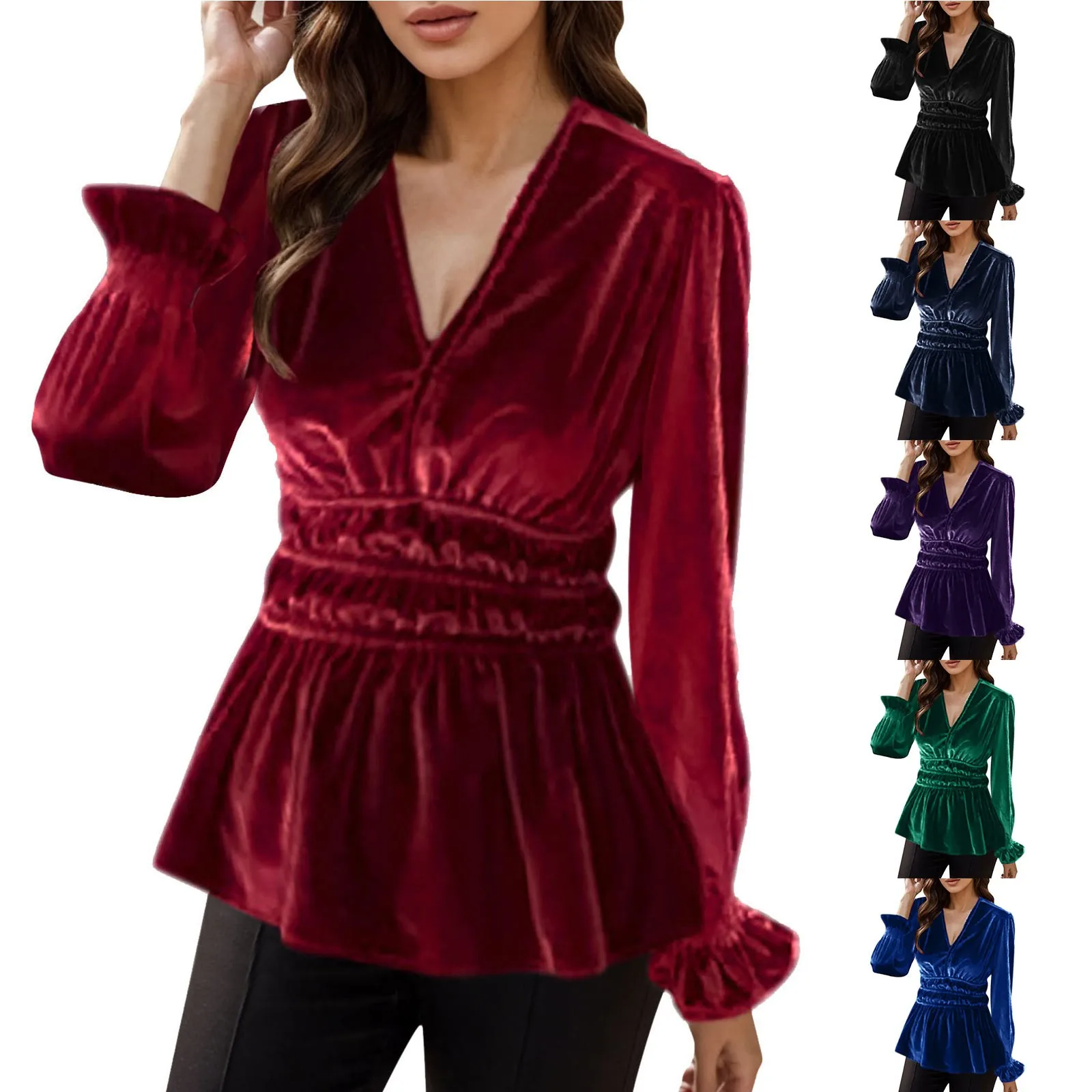 

Women's 2023 Peplum Tops Wrap V Neck 3/4 Sleeve Work Business Blouse Solid Tie winter clothes women Women's thermal underwear