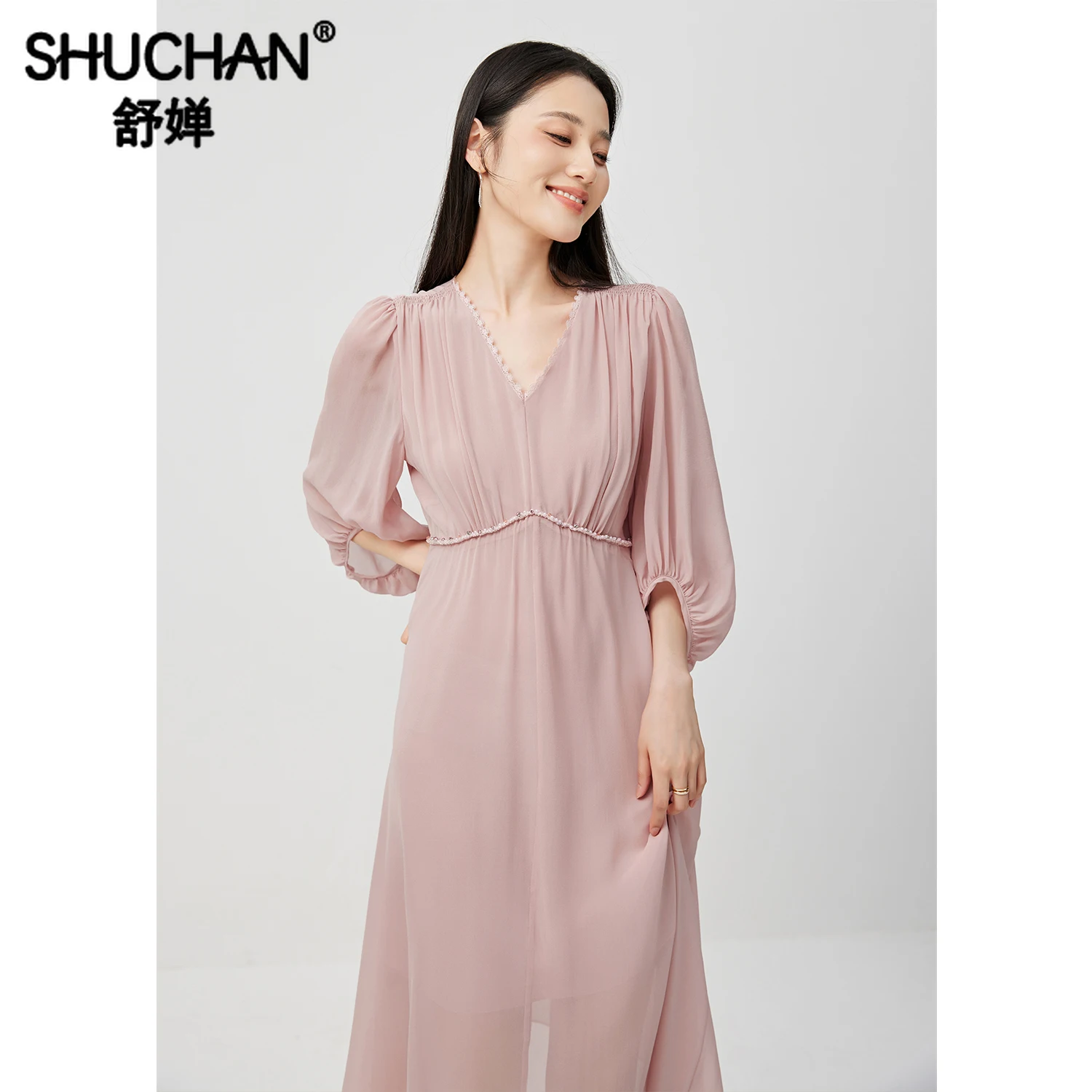 

SHUCHAN Beading Vestidos Elegantes Para Mujer V-Neck Knee-Length A-LINE Three Quarter Sleeve Naturla Silk Pink Summer Dress