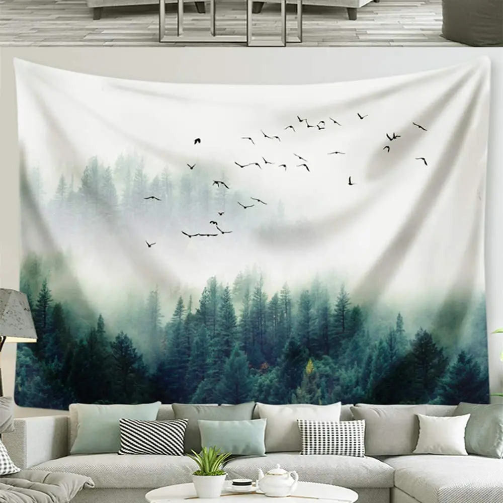 

Nature Foggy Forest Wall Tapestry - Misty Mountain Trees with Flying Birds Green Fog Landscape Woodland Tapestries Hanging