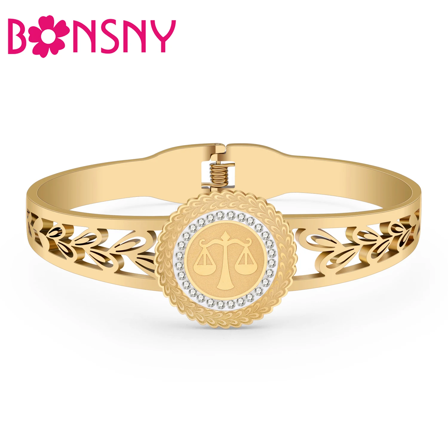 

Bonsny Stainless Steel Gold-plated Constellation Blingy Libra Bangles Hollow Out Cuff 12 Zodiac Sign Bracelets For Women Girls