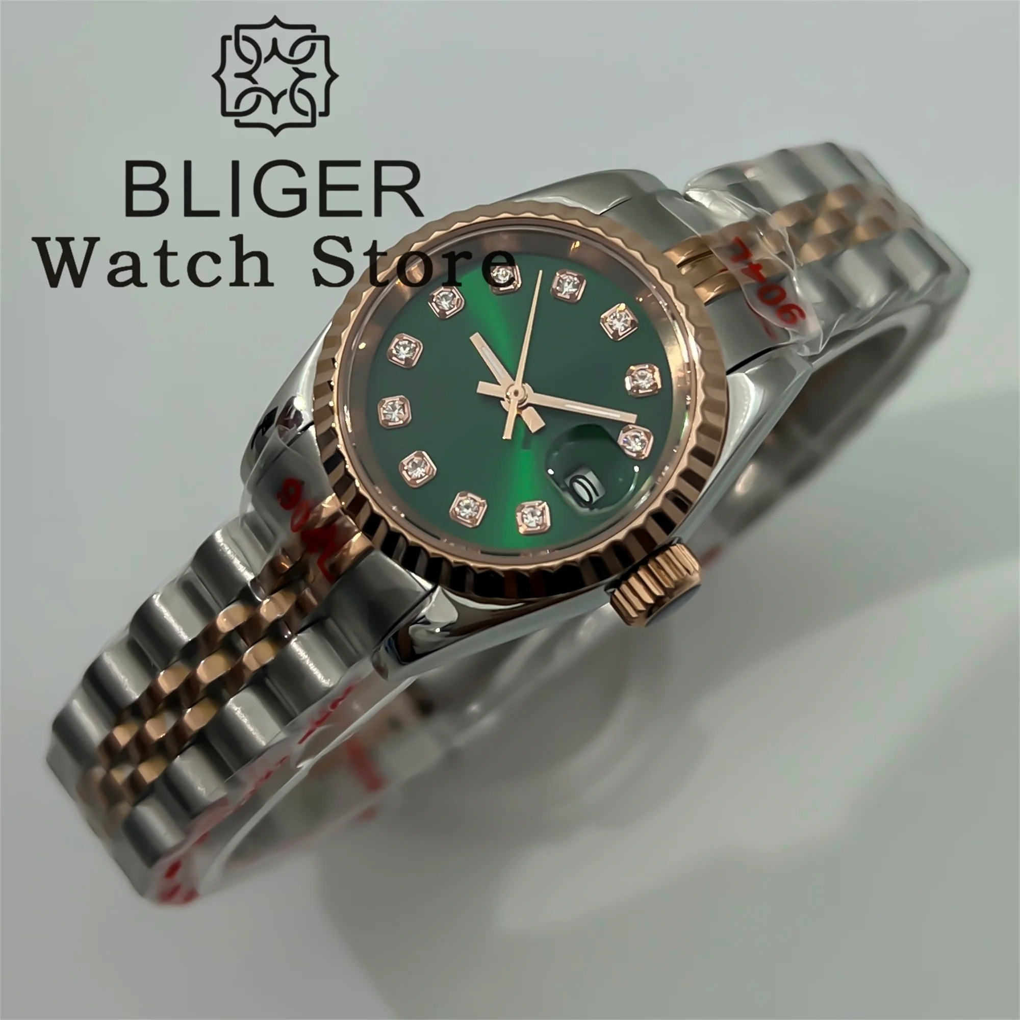 BLIGER 26 мм Серебряные механические часы из розового золота для женщин NH05 Механизм