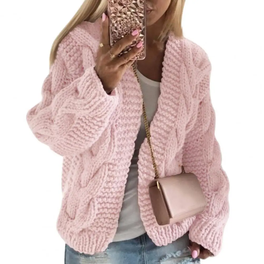 

Long Sleeve Open Stitch Coarse Yarn Thickened Sweater Cardigan Women Solid Color Autumn Winter Twist Knitted Coat Outerwear Tops