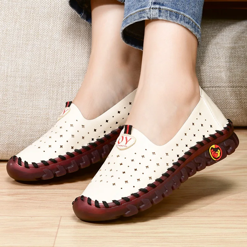 

Large Size 42 Leather Ballet Flats Women Driving Shoes Woman Handmade Women's Cutout Loafers Female Summer Breathable Moccasins