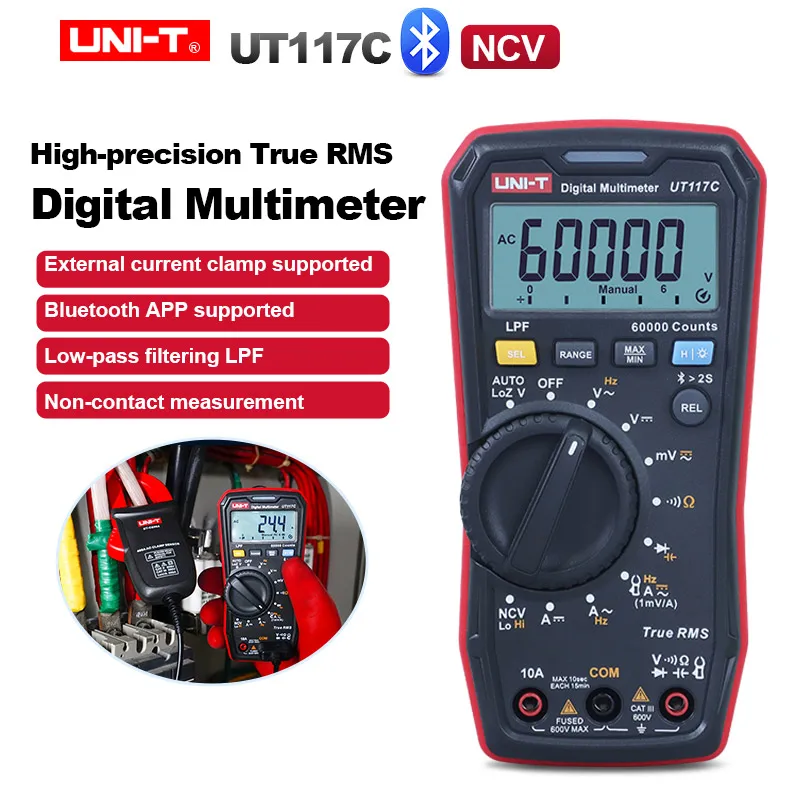 

UNI-T UT117C High-precision True RMS Multimeter AC/DC 600V Voltage 10A AC/DC Current Display 4 Digits Bluetooth Function