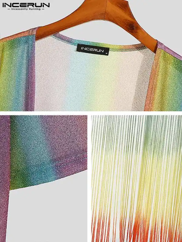 Fashion Casual New Men Tops 2022 INCERUN Rainbow Patchwork Fringe Blouse Stylish Male Hot Sale Mid Sleeve Cardigan Shirts S-5XL