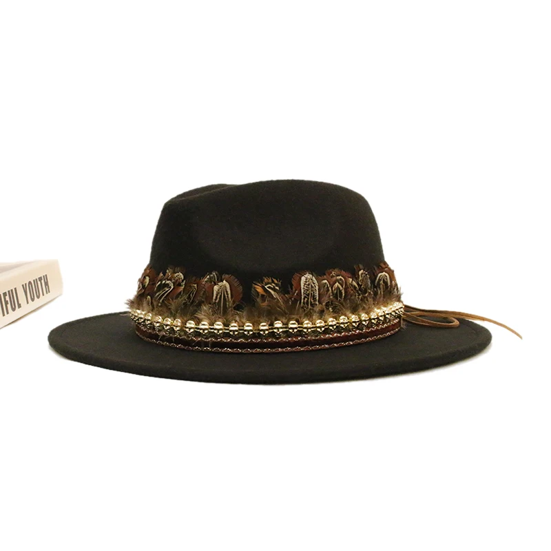 

Retro Feather Skull Head Leather Band Women Men Vintage Wool Felt Wide Brim Cap Fedora Panama Jazz Bowler Hat (54/57/61cm