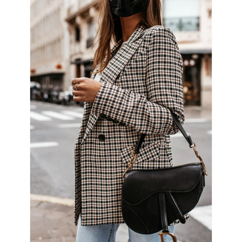 Blazer for Women 2023 Autumn and Winter New Coat Button Plaid Print Women Blazer Jacket Women's Mid Length Coat