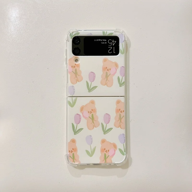 

Cute Cartoon Little Bear Tulips Phone Case for Samsung Galaxy Z Flip 3 5G TPU Back Cover for ZFlip3 Cases Protective Shell