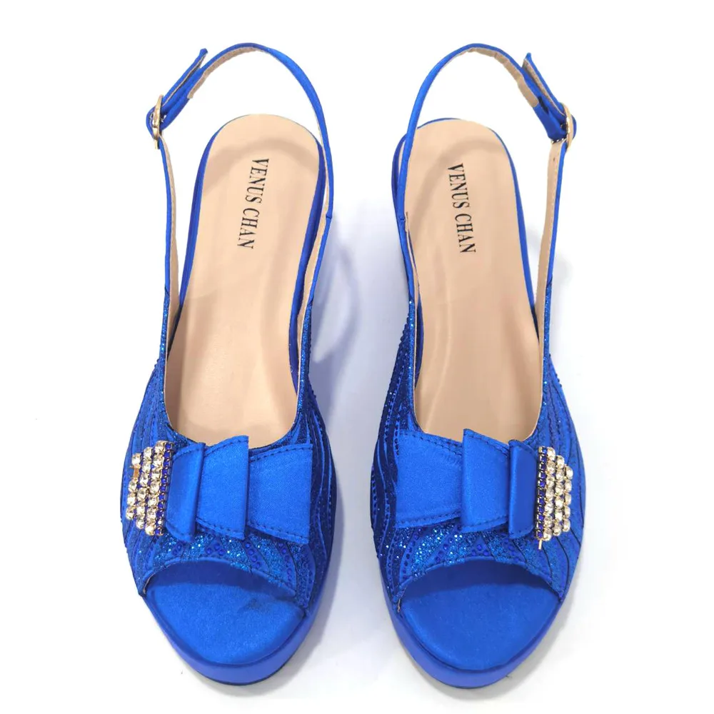 Venus Chan Fashion and Comfortable Retro Blue Rhinestone Paisley Pattern Ladies Middle Heel Sandals African Shoes Bag Set