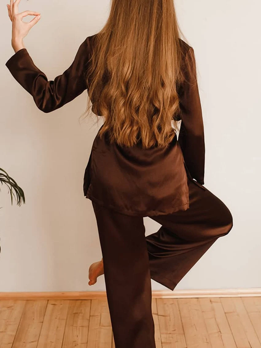 Marthaqiqi Loose Long Sleeve Women'S Pajamas Sets Satin Lace Up Robe Sleepwear Sexy V-Neck Nightwear Wide Leg Pants Women Pajama