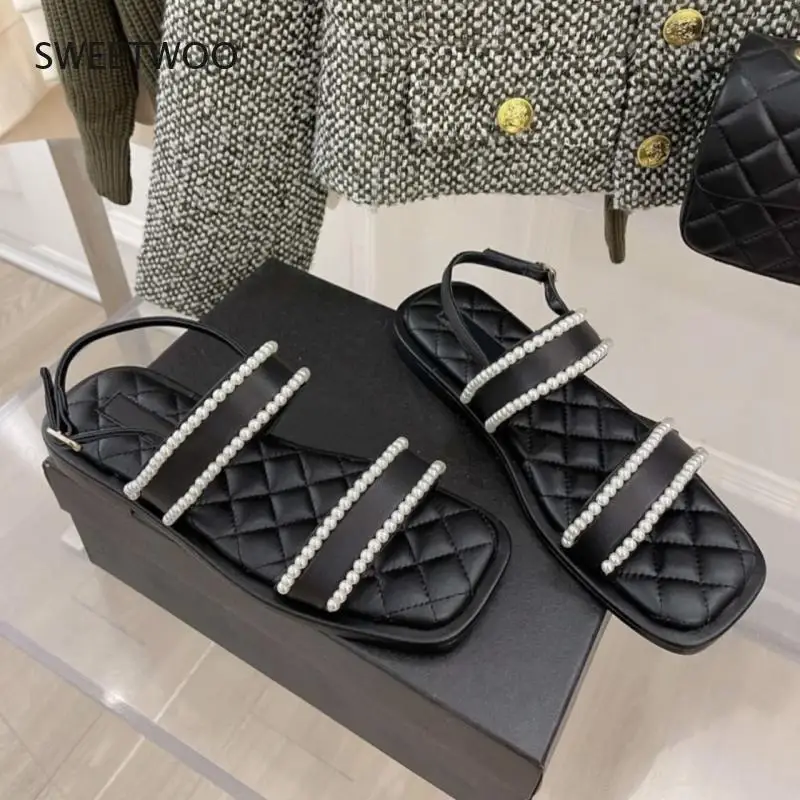 2022 New Fashion Spring and Summer Pearl Sandals Female Open-Toe Korean  Casual Square Head Flat Shoes - купить по выгодной цене | AliExpress