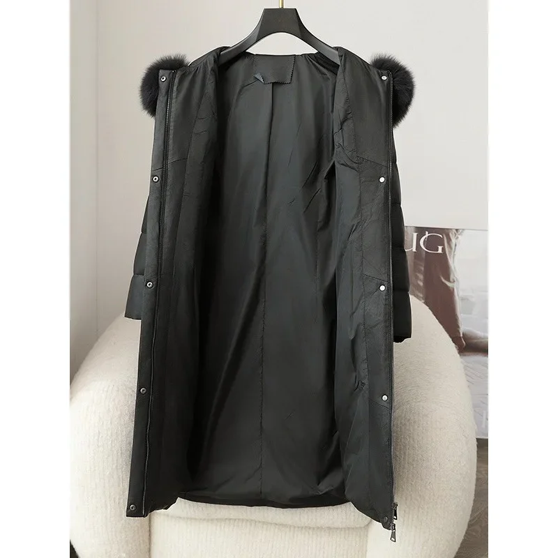 Новинка Зима 2024 женский длинный пуховик кожаная куртка с воротником из лисьего