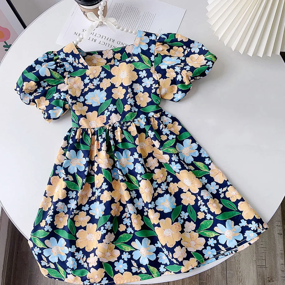

Girls Dresses Summer Kids Clothes 2023 New Toddler 3 To 7 Years Flower Print Puff Sleeve Square Collar Cute Princess Dress Child
