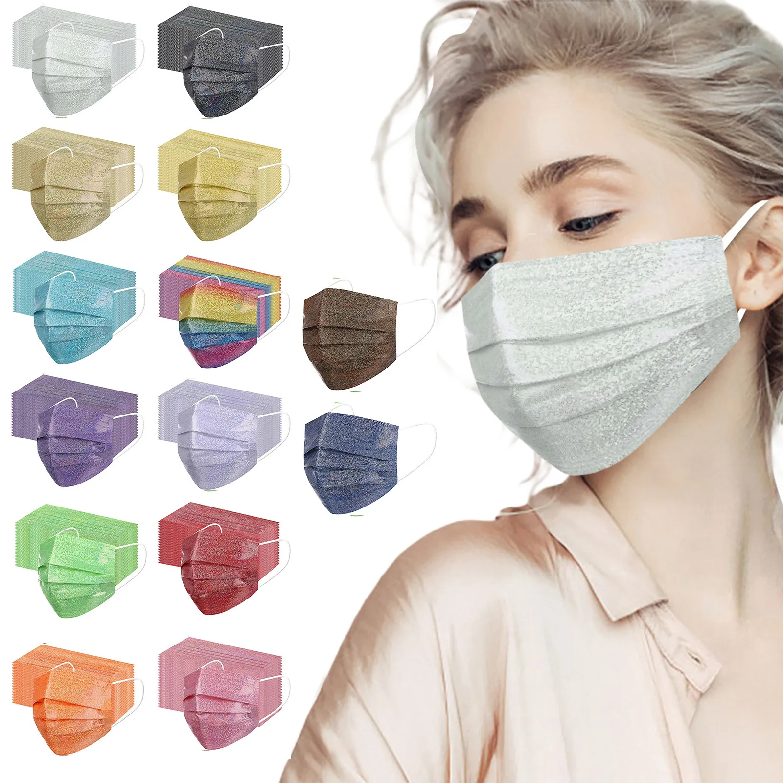 

50pcs Adult Glitter Mascarillas Man Women Mouth Nose Protection Breathable 3-layer Disposable Face Masks Halloween Cosplay Masks