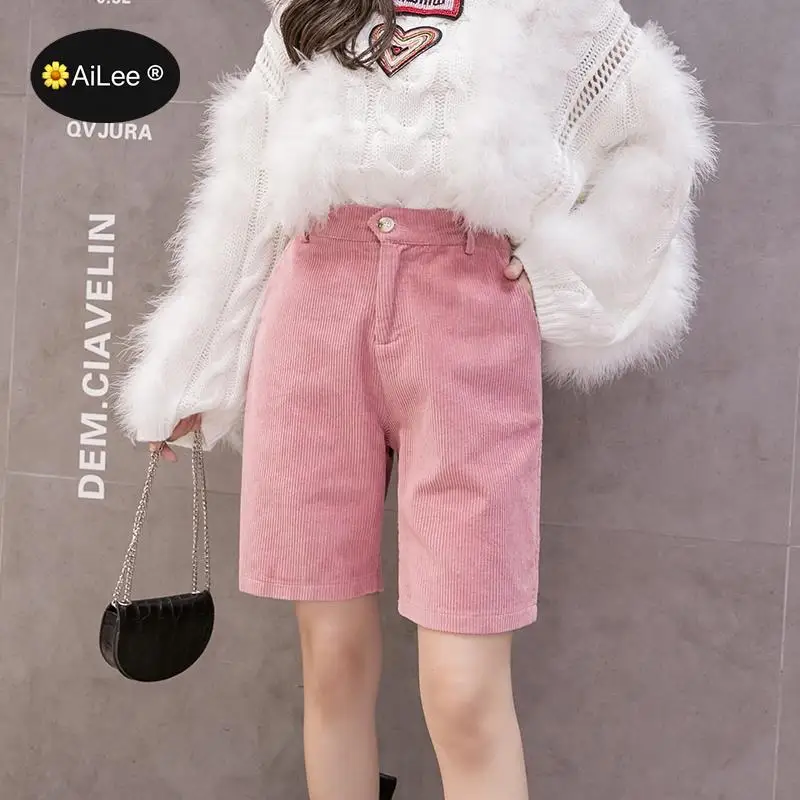 Autumn Winter Velvet Shorts Korean Half Long A line Shorts Knee Length Elastic High Waist Shorts Warm Wide Leg Shorts Women