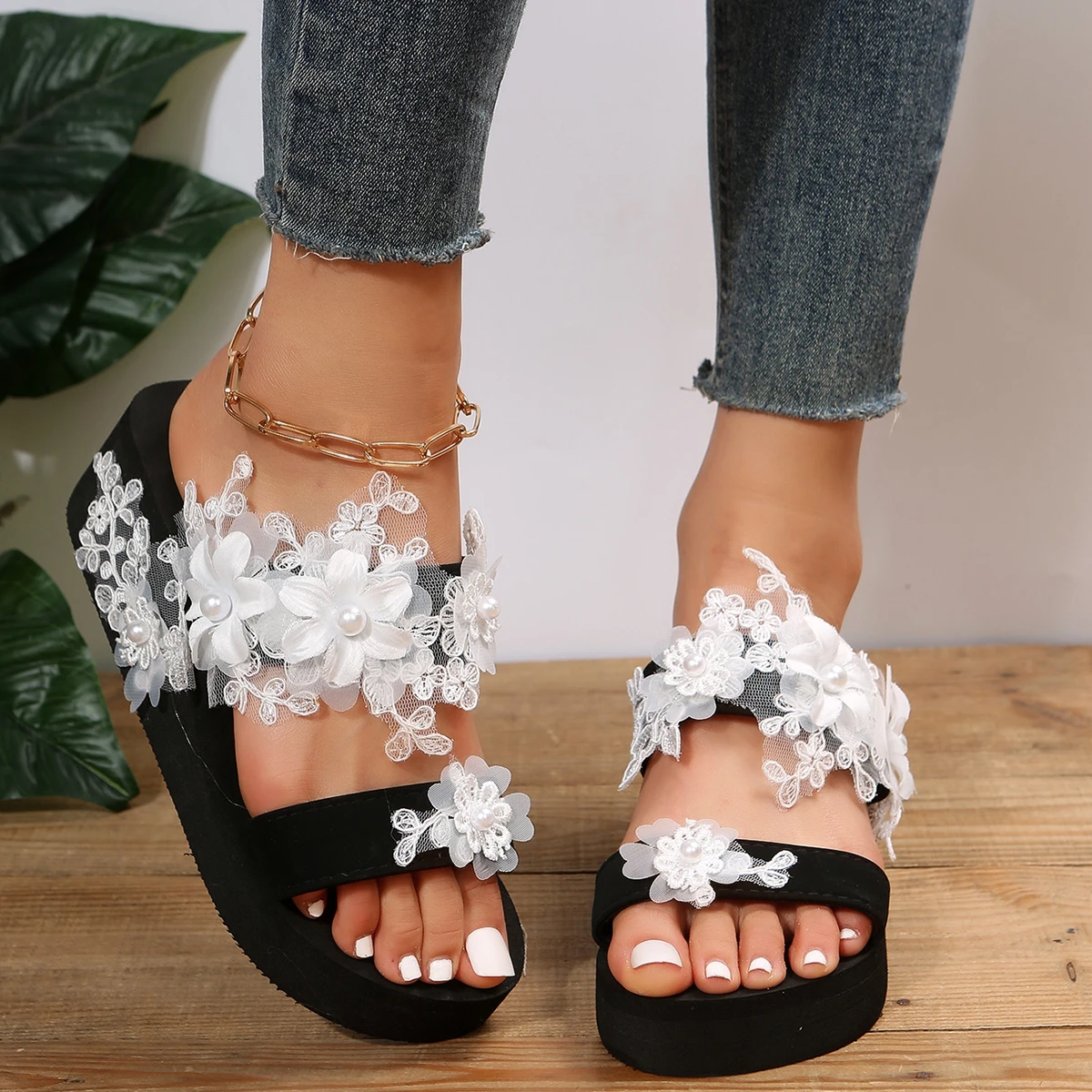 Flowers Flowers Wedding Bride Elegant Flat Women's Sandal Summer 2023 Footwear for Woman Party Lady Shoes Without Heels Casual