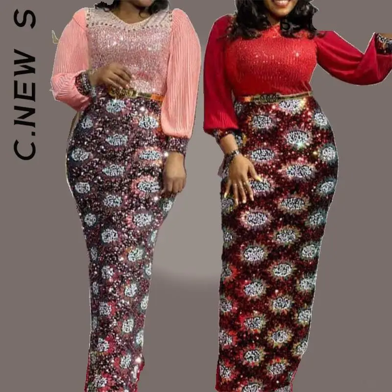 

C.New S Dress New Women Sequins Women Dress Sexy Lantern Sleeves Maxi Dress Slim Vintage Female Women Clothing Vestidos