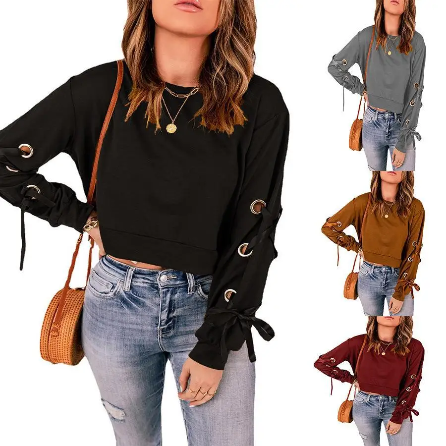 

European and American Long Sleeve Round Neck Top New Solid Color Pullover Casual Long Sleeve T-shirt Women